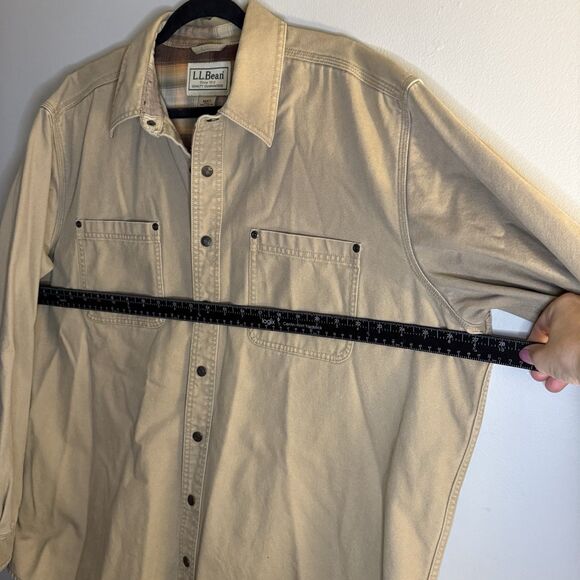 L.L.Bean Mens XL Work Shirt Snap Button Up Flannel Lined Tan Canvas Shirt Jacket - Picture 6 of 7